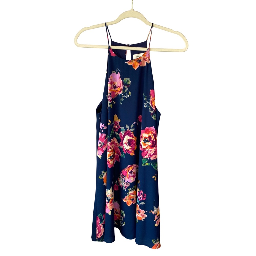 Everly Navy Blue Floral Halter Neck Mini Dress Large Pink Orange Flower Print